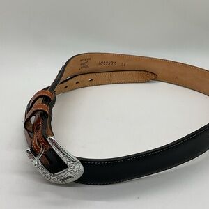 Tony Lama Men's Black and Brown Leather Belt with Silver Buckle